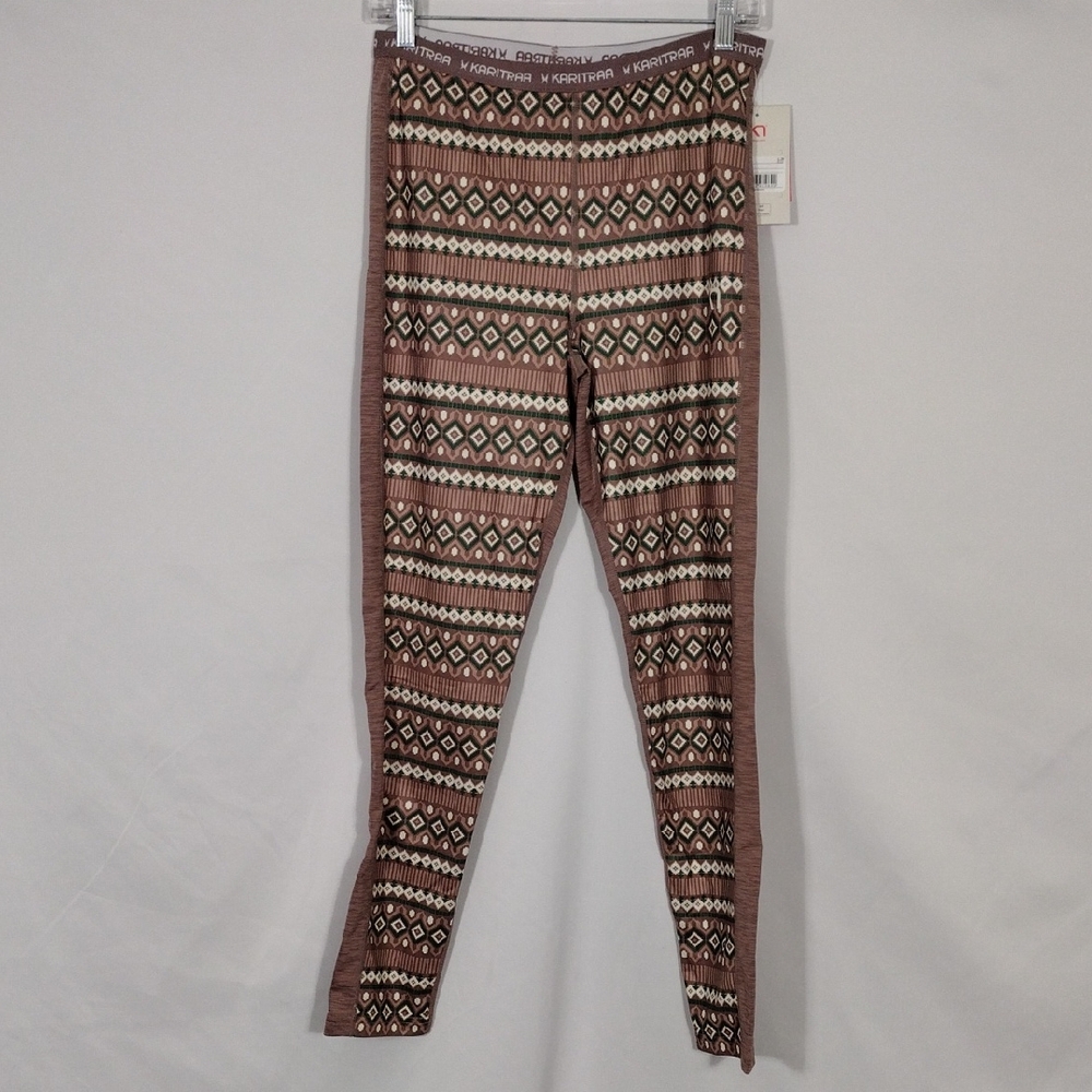 NWT Kari Traa Lune Taupe Brown and Cream Geometric Baselayer Leggings S Large